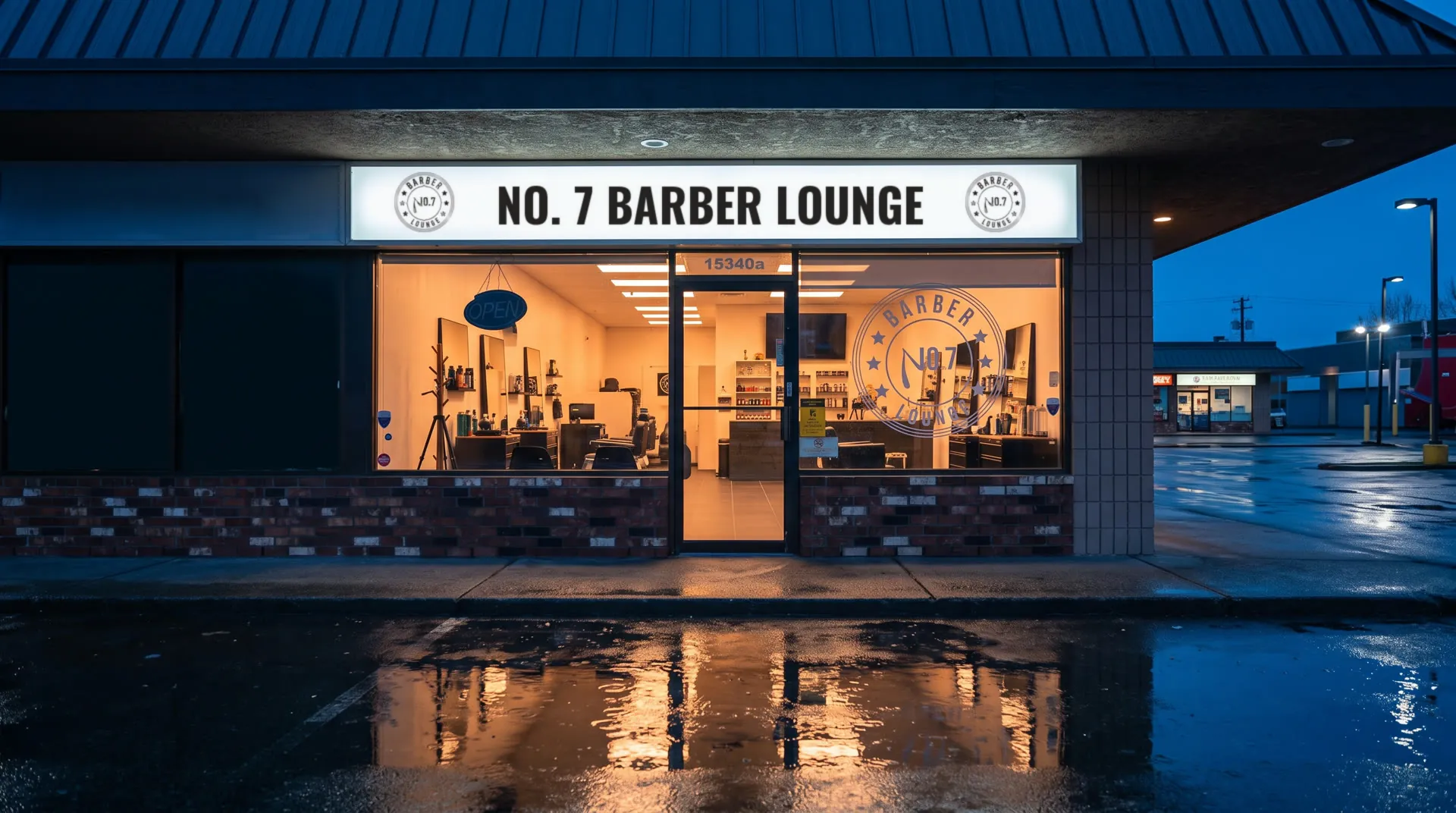No.7 Barber Lounge storefront at dusk on Fraser Hwy